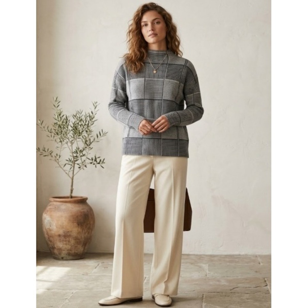 Eileen‎ Fisher Tencel Silk Cotton Checked Gray Mock Neck Sweater Size Medium